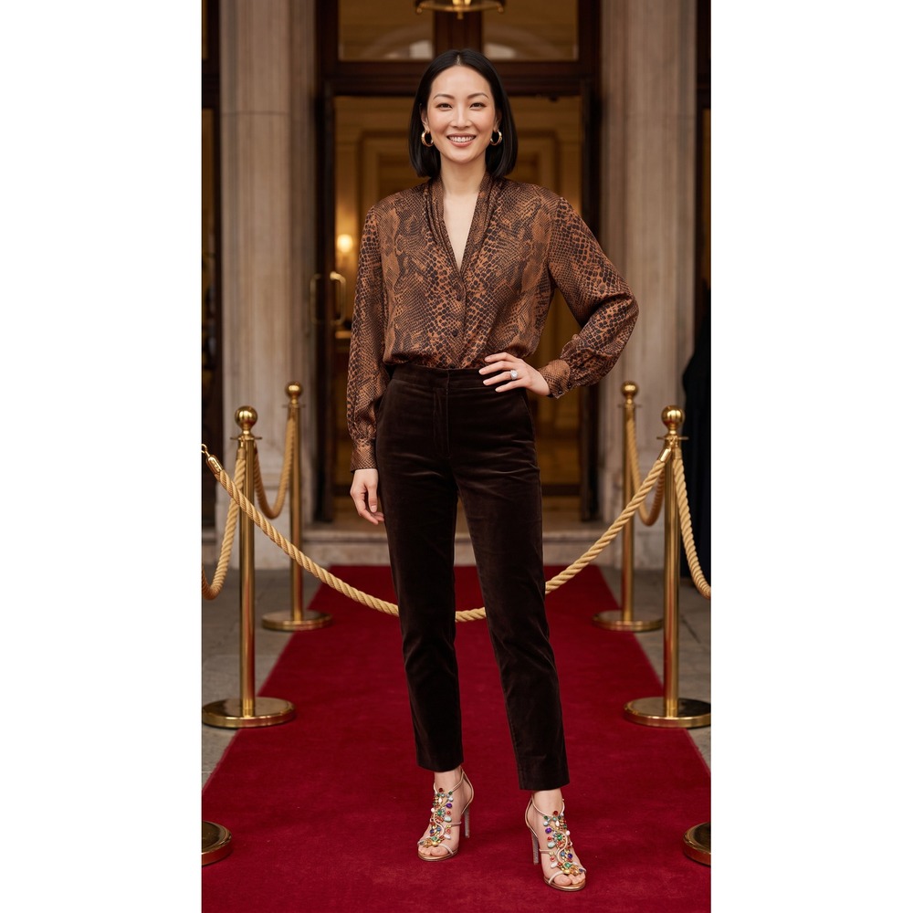 VTG NWOT Nora Noh 100% Brown Silk Snake Blouse Size 16 Fits L/XL Korean silk